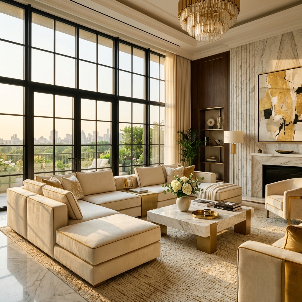 Stunning premium luxury living room showing Decent Care bespoke sofa and styling aesthetics